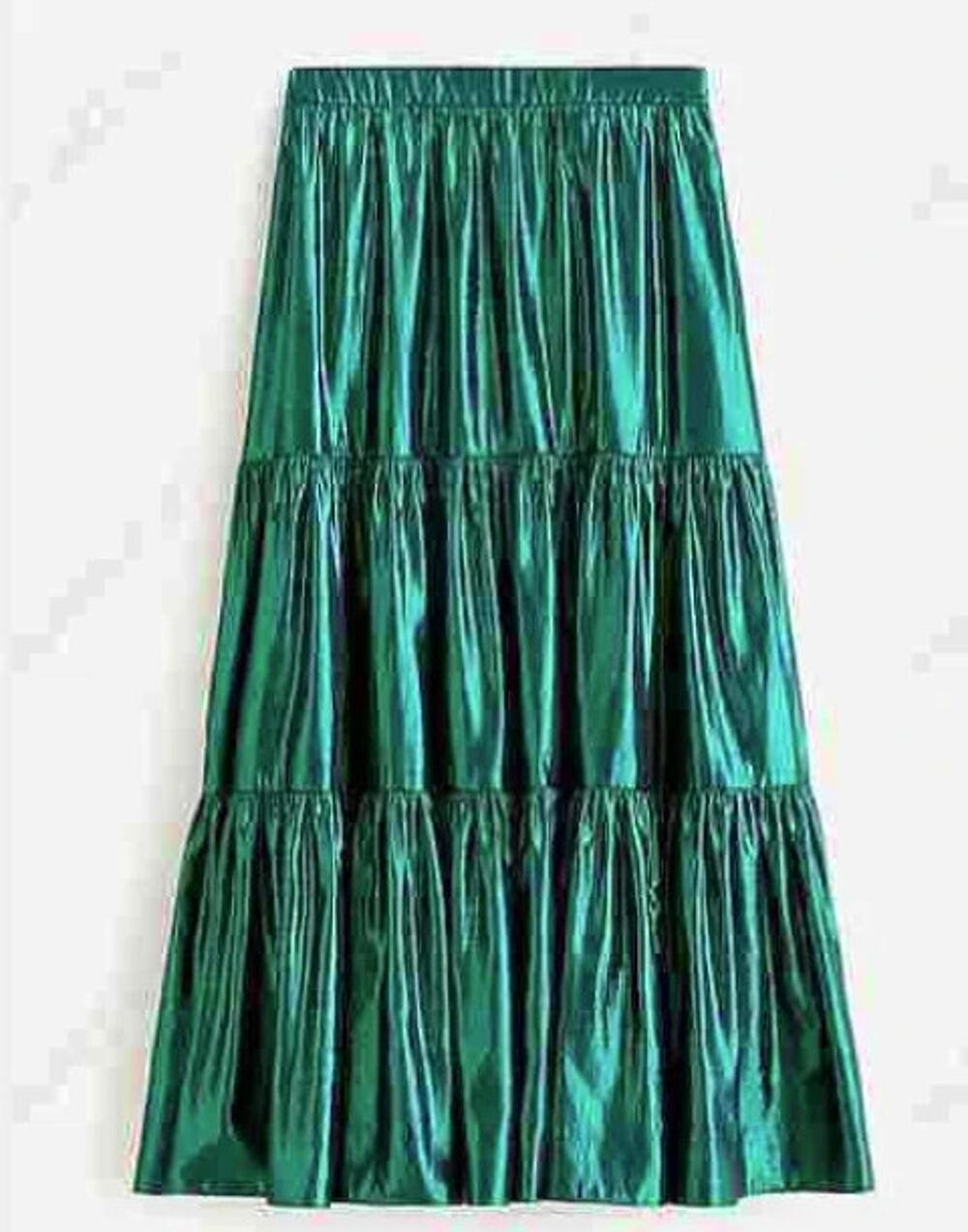 NWT JCrew Tiered Maxi Skirt in Metallic Lamé Dark Spruce Green size S